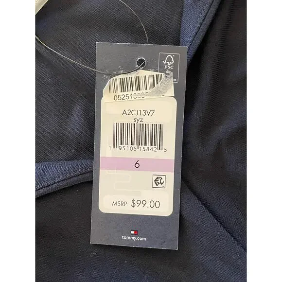 NWT Tommy Hilfiger Dress Sz 6 Collared TwistFront Midi Formal Black Navy Stretch - Picture 4 of 9